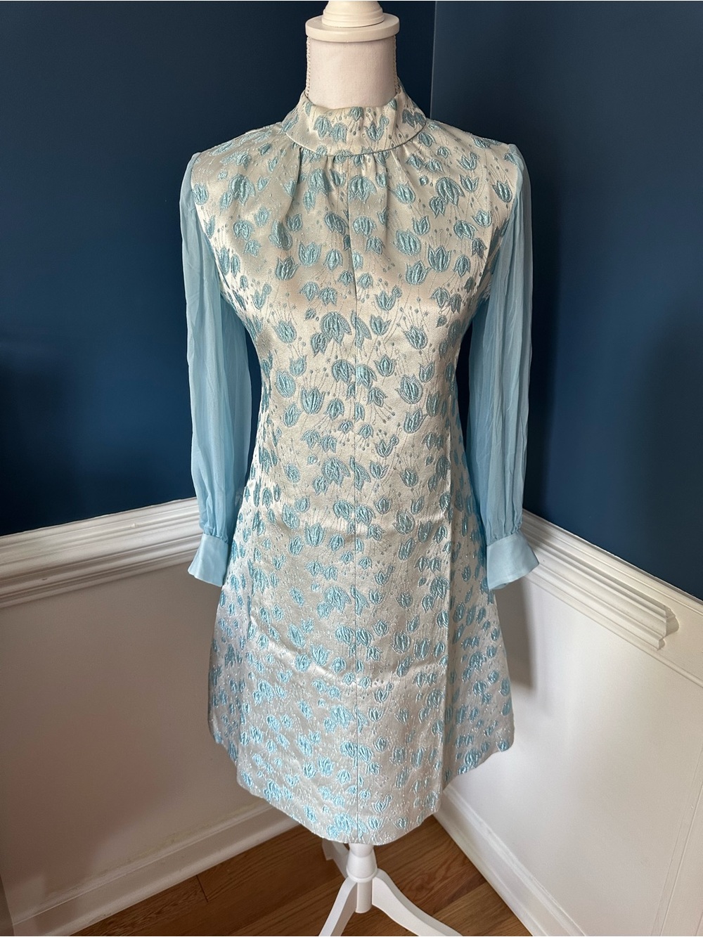 Vintage 60s Blue Floral Brocade Chiffon Mod Mini Dress